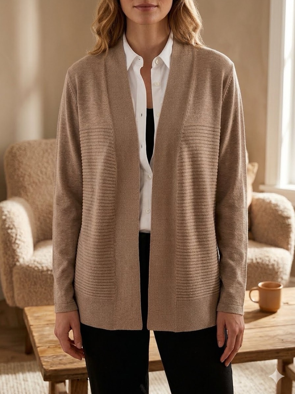 ✨ NWT Vila Milano Open Front Ribbed Cardigan Sweater - Tan - Size L ✨